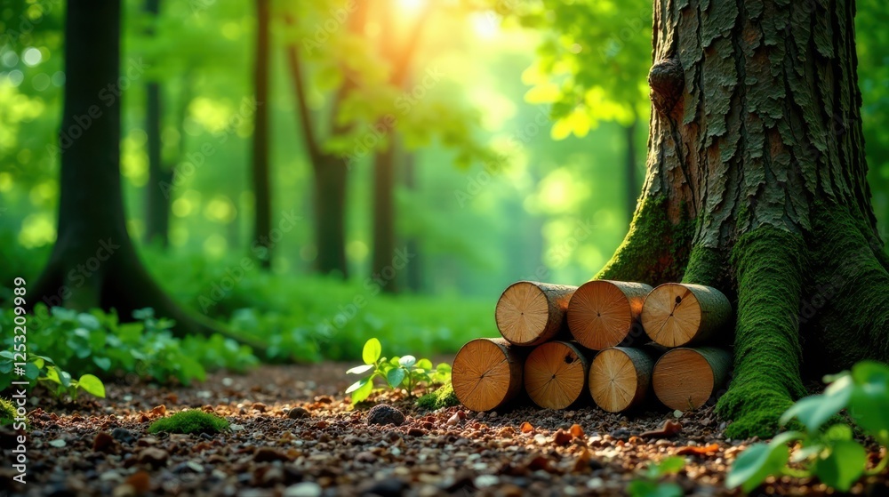 Aufkleber serene forest scene sunlit logs resting at the base of a moss-covered tree trunk in a lush green woo