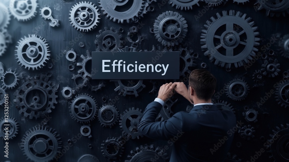 Poster businessman representing concept of efficiency with gears background