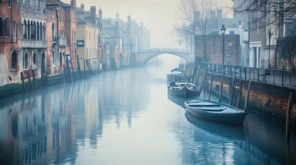 Fototapeta premium Misty canal, old buildings, moored boats, tranquil scene.