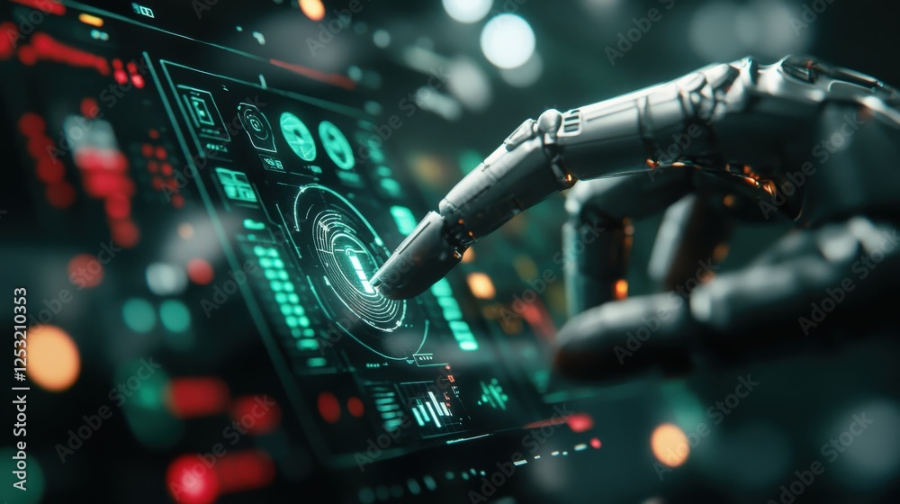Poster Futuristic Robot Hand Interacting with Advanced Digital Interface