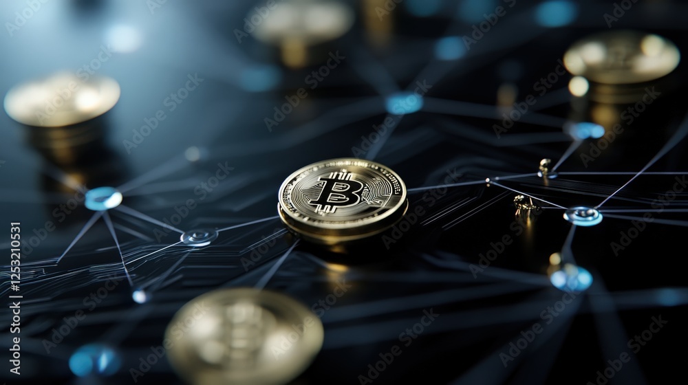 Poster golden bitcoin on network background signifying digital currency growth