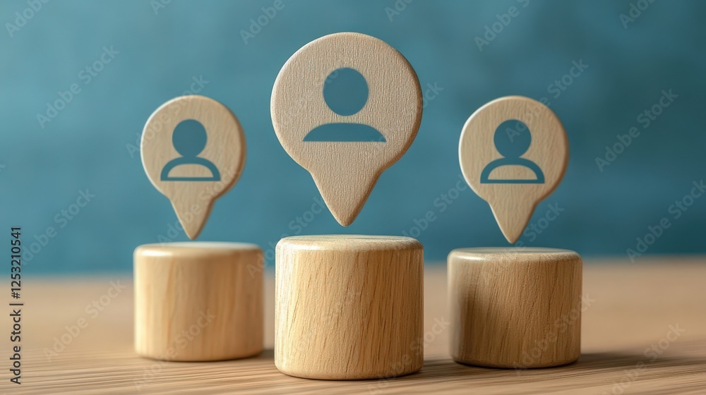 Poster wooden person icons floating above circular bases in modern setting