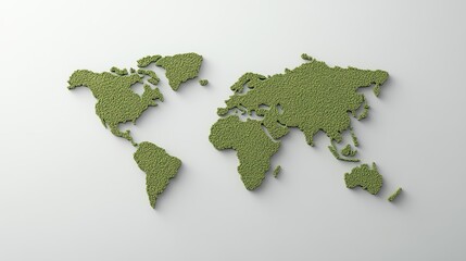 Green world map made of small plants on white background, symbolizing global environmental awareness.