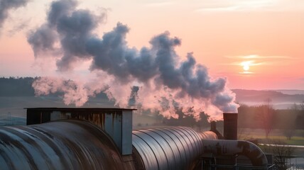 Industrial Steam Emissions at Sunrise Over Rural Landscape