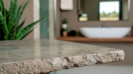 Close-Up of Brown Granite Countertop with Rough Edge in Modern Bathroom