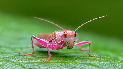 Fototapeta premium Pink grasshopper on leaf, nature macro