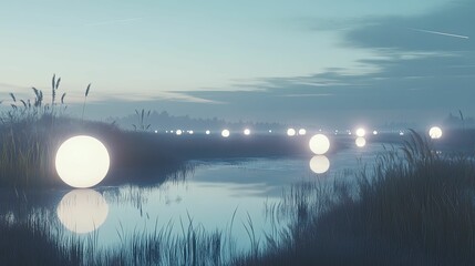 Glowing orbs line tranquil water, reflecting light.