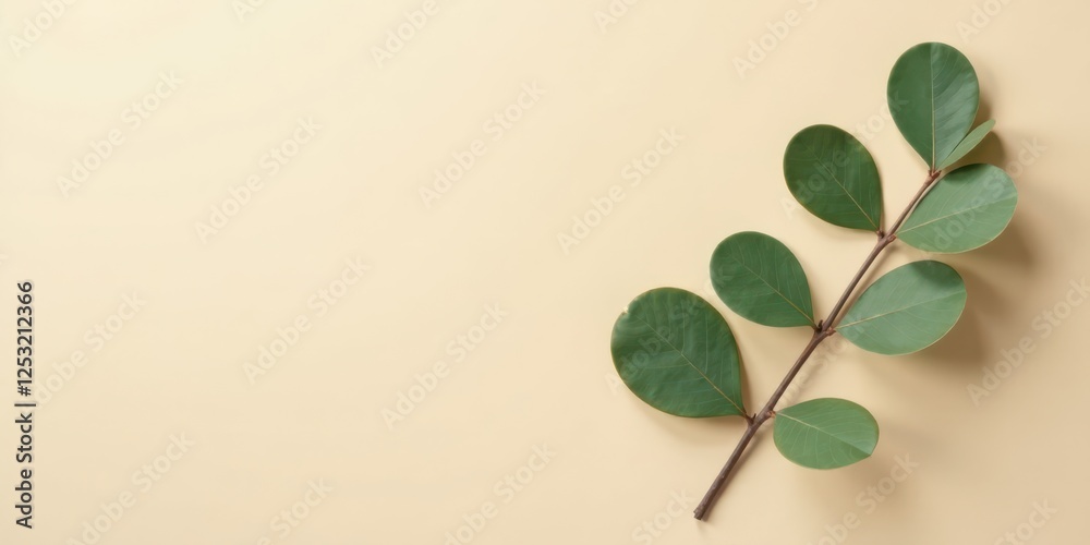Poster Elegant Green Branch with Oval Leaves on a Pale Yellow Background A Simple Nature-Inspired Design Element