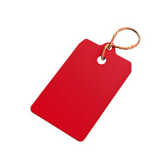 Red price tag with twine loop, isolated on transparent background.