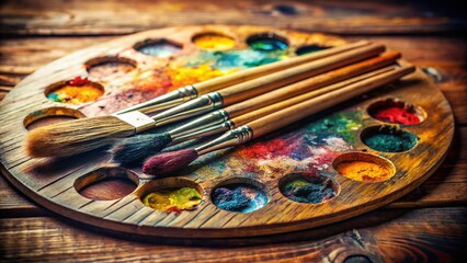 Obraz premium Vintage Still Life: Wooden Artist's Palette with Twelve Paintbrushes