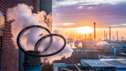 Steam Rings Emerging from Industrial Pipeline at Sunset