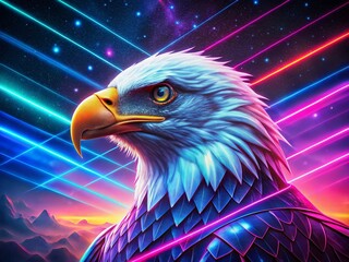 Vintage Style Abstract Neon Cyborg Bald Eagle Wallpaper, Glowing Space Background