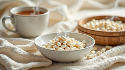 Bowl of magnesium glycinate tablets next to steaming tea cup on cozy blanket.