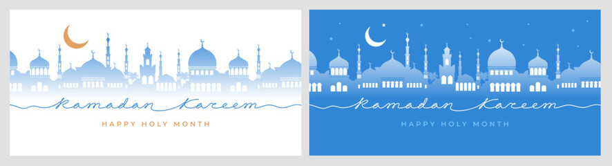 Ramadan Kareem greeting card template set. Crescent moon, calligraphy continuous line text Ramadan Kareem, cityscape with mosque on white and blue background. Flat minimal style vector illustration