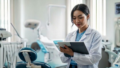 タブレットに診察記録を記入している歯科医