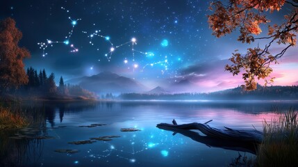 Fototapeta premium A celestial scene with zodiac constellations glowing in the night sky, mystical atmosphere