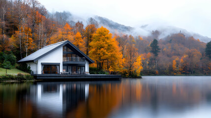 Fototapeta premium Modern lake house autumn foliage misty mountains