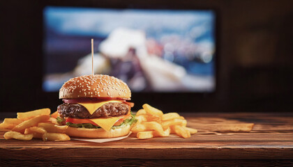 Fast Food and Sports TV Viewing at Home with Football Broadcast