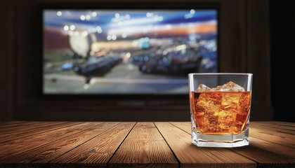 Whiskey or cognac and Sports TV Watching at Home with Football Broadcast