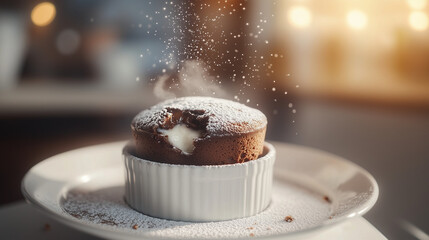 Decadent molten chocolate soufflé with powdered sugar dusting