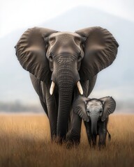 Fototapeta premium Majestic African Elephant and Calf Walking in Savannah Grassland