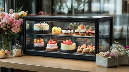 Elegant dessert display case with assorted cakes and pastries in a vintage bakery setting