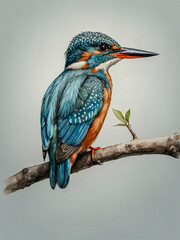 Fototapeta premium Kingfisher watercolor painting perched on a branch with minimal background.