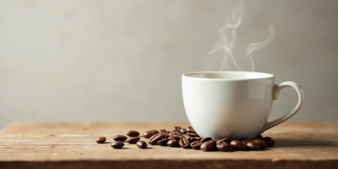 Aromatic Steam Rising from a White Cup of Coffee Beside Roasted Beans on a Rustic Wooden Surface