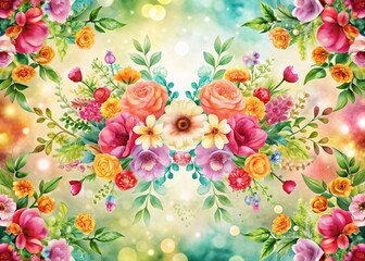 Vintage Watercolor Flower Symmetrical Pattern Botanical Print, Bokeh Effect, White Background