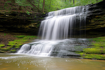Fototapeta premium Tranquil waterfall cascading over moss-covered rocks in a lush green forest