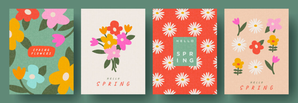 Spring set of cutest cards or posters for the spring holiday with wildflowers, tulips, daisies. Hand drawn Floral art templates for Womens Day, birthday, Mothers Day, Easter decoration and greetings