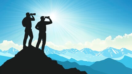 Hikers on Mountaintop Surveying Majestic Landscape