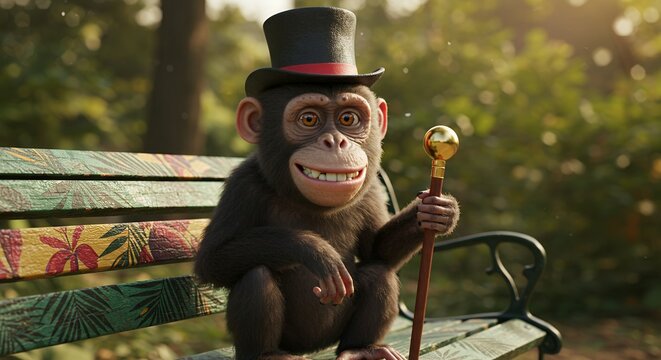 Cartoon monkey wearing a top hat sitting on bench