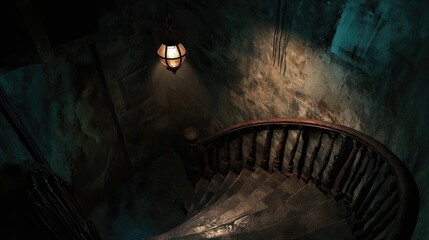 Dark, old, spiral staircase; hanging lamp illuminates.