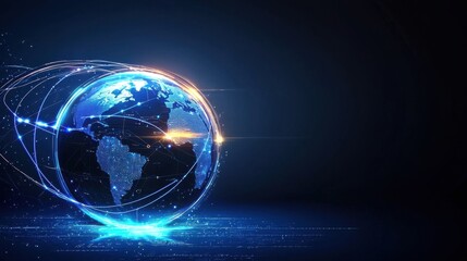 A modern atlas design with a sleek globe and glowing data lines connecting cities