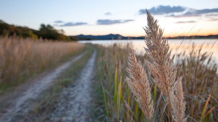 Fototapeta premium Countryside path by lake at sunset. Use Stock photo for nature, travel, or environmental themes