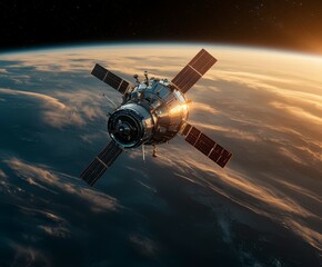 Obraz premium Exploration of the cosmos from a satellite orbiting Earth at dawn showcases the beauty of our planet and the vast universe. Generative AI