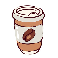 Hot coffee cartoon cup with lid closed. Funny disposable paper package with holder, coffee bean on label. Morning drink mascot, cartoon cute takeaway mug with caffeine beverage vector illustration