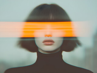 Retro portrait of a man with motion blur effect, orange light stripe on face, blue-gray background. Vintage shooting, fashion show, modern stylish clothes
