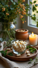 Magnesium glycinate tablets on wooden cutting board with candle for display purpose.