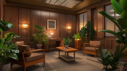 Fototapeta premium A private practice doctor's office with wooden furniture, potted plants, and warm lighting for a cozy feel.