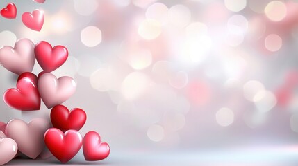 Fototapeta premium A romantic Valentines Day background with soft pink and red heart bokeh lights.