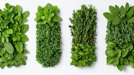 Obraz premium Fresh herbs arranged on white surface, culinary display, ideal for cookbook or recipe image, vertical arrangement