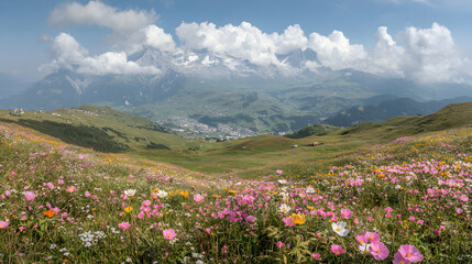 Obraz premium Alpine meadow wildflowers, mountain village, scenic valley