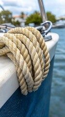 Closeup of Beige Nautical Rope on Blue Boat Hull