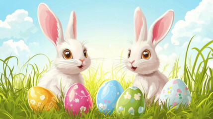 Fototapeta premium Adorable bunnies surrounded by colorful Easter eggs for a festive celebration