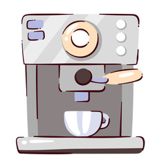 Coffee machine for cartoon one cup. Funny espresso coffee machine with dispenser for automatic brewing of hot drink. Barista equipment mascot, cartoon cute professional device vector illustration