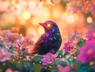 Obraz premium Enchanting Luminescent Bird in a Magical Flower Garden