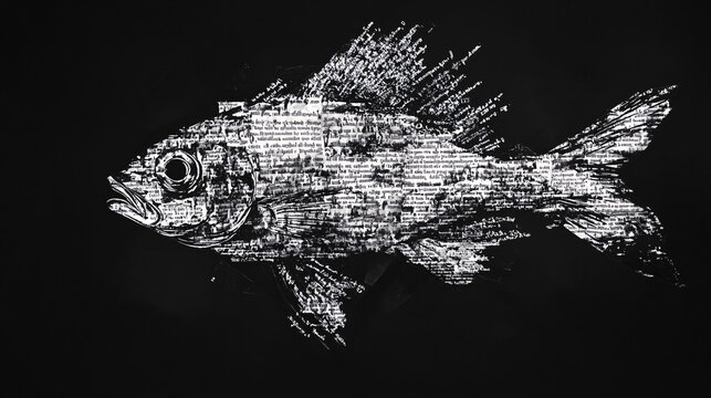 A black and white digital illustration of a fish with a textured text-based body floating against a dark background in a surreal design
