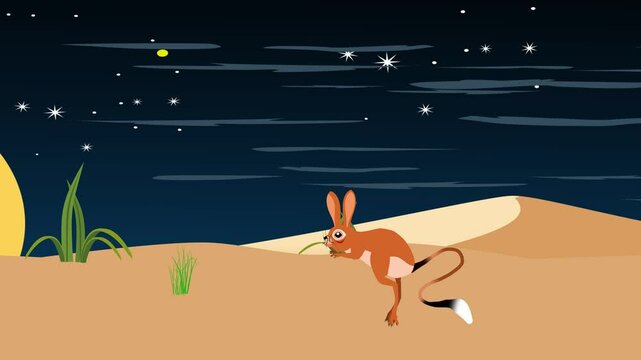 Jerboa jumping in desert moon in background animation cartoon